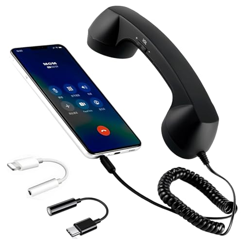Retro Phone Handset with Adapter, Retro 3.5mm Telephone Handset Cell Phone Receiver, Suitable for Mobile Video Conferencing, Calls, and Video Conferences (Black)