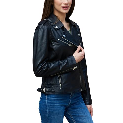 Leather Jacket Women | Premium Lambskin Leather Asymmetric Zipper Lapel Notch Collar Motorcycle Jacket3