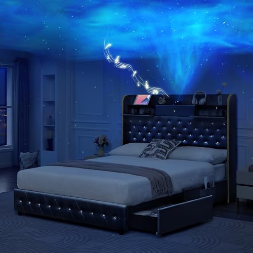 Torana Full LED Bed Frame with 2 Drawers, 52" Ultra-High Platform Beds with Galaxy Aurora Star Projector and Charging Station, PU Leather Upholstered Diamond Tufted Wingback Bedframe, Black