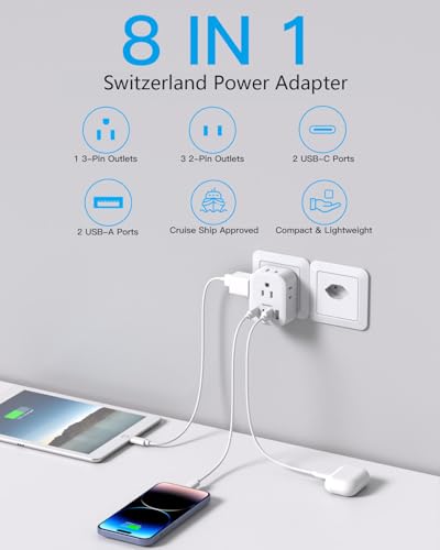 Image of Switzerland Travel Plug Adapter, HANYCONY Type J Power Adapter, 2 Pack