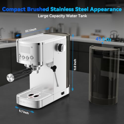 Image of Espresso Machine 20 Bar Temperature and Timer LED Display Espresso Maker with Adjustable Extraction Temperature Stainless Steel Coffee Machine with Steam Milk Frother for Cappuccino Latte Americano