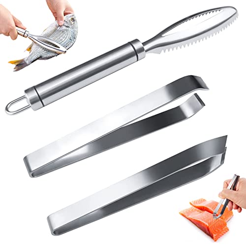 GZLCEU 3 of Set Fish Scale Remover and Fish Tweezers(Slanted/Flat),Stainless Steel Fish Descaler Tools, Fast Cleaner Scraper Tool Kitchen