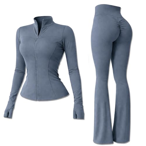 Yu & Me PARIS Women 2 Piece Slim Fit Gym Wear Tracksuit Set Zip-Up Jacket & High Waist Flared Cut Scrunch Leggings Ruched Seam (Grey S/M 6-10)