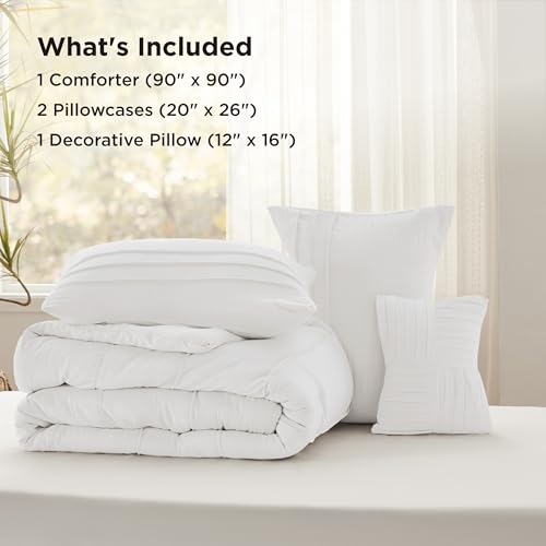 Image of Bedsure White Queen Comforter Set - 4 Pieces Pinch Pleat Bed Set, Down Alternative Bedding Sets for All Season, 1 Comforter, 2 Pillowcases, 1 Decorative Pillow