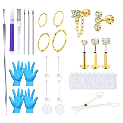 QWALIT Ear Piercing Kit Gold Ear Piercing Needle Kit Self Piercing Earrings Piercing Kit Disposable Earring Piercing Kit with Earring Stud Flat Back Helix Cartilage Ear piercing Kit Threadless Earring