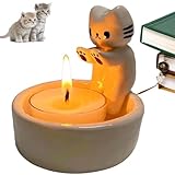 Cartoon Kitten Candle Holder, Cute Cat Candle Holder, Handmade Ceramic Candlestick, Kitty Warming Its Paws Cute Scented Light Holder, Gift for Girl Women, Cat Lover Choice Candle Holder Decor