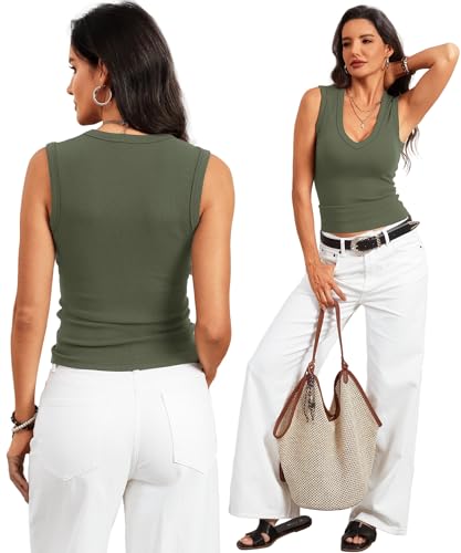Image of Prettywear Deep V Neck Tank Tops for Women 2026 Summer Fashion Clothes Sexy Casual Ribbed Fitted Sleeveless Going Out Tops