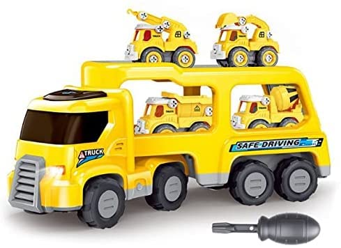 YelaJoy Carrier Truck Toys, Excavator Construction Truck, Light Up Sound Toys with Small Cars for Early Learning for 2 3 4 5 Years Old Toddlers Boys and Girls(Lemon yellow)