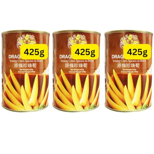 KoalaKoi - Young Corn Spears baby mini corn tinned dragon pearl 425g tins (3x425g)