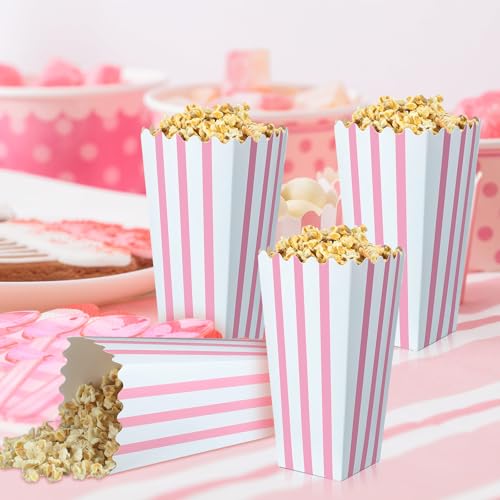 Image of Geyoga 48 Pcs Popcorn Boxes Bulk,Pink and White Striped,8 x 4 Inches