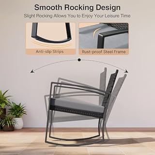 Qsun 3 Pieces Outdoor Patio Furniture Set Rocking Bistro Set Outdoor Rattan Conversation with Coffee Table for Garden Balcony Backyard Poolside (Grey Cushion)