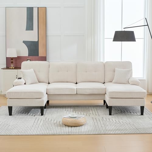 Sofá de 4 plazas en forma de U beige con doble chaise longue y cojines de lino 5