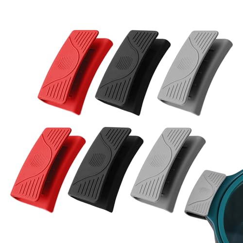 JINTANG 6 Stück Silikongriffe für Töpfe, Hitzebeständig Silikon Assist Griff Klemmgriff Silikon topflappen,Topfgriff Hitzeschutz für Ofenschalen Gusseiserne Bratpfannen(Schwarz,Grau und Rot)