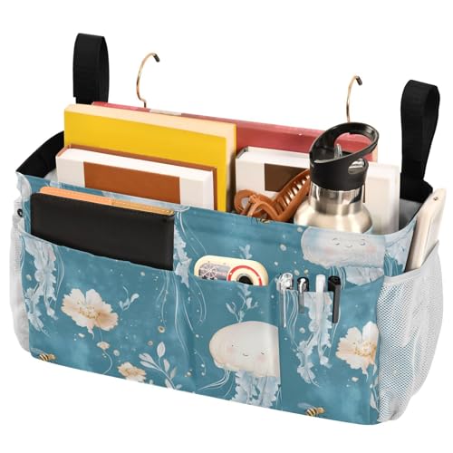FRODOTGV Bedside Storage Organizer Side Bed Organizer Hanging Pocket Bag for Glasses Books Mobile Phones Keys Cute Jellyfish Teal