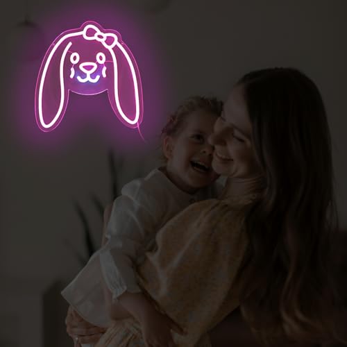 Image of Bunny Neon Sign, Bunny LED Sign for Wall Decor, Birthday Gifts, Bedroom Home Decorations, 13 inch x 12.6 inch, Dimmable, USB Powered, Pink