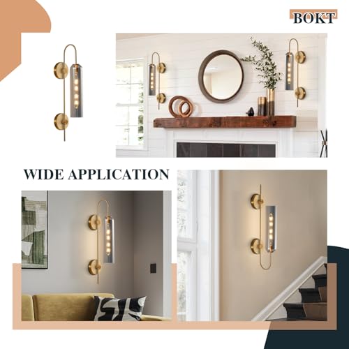 Image of BOKT Brushed Brass Gold Wall Mounted Sconce Mid Century Modern Smoke Gray Glass Wall Sconce Light Single Bathroom Bedroom Wall Lighting Fixtures for Living Room Hallway Kitchen Mirror (Smoke Gray)
