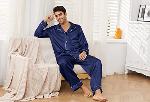 Image of U2SKIIN Mens Silk Pajamas Set, Long Sleeve Satin Pajamas for Men Sleepwear Button Down Pjs Set Two-piece