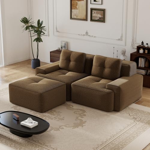 Image of 82 inch L Shaped Modular Boneless Couch with Movable Ottoman, 2 Seat, Soft Corduroy Fabric, Deep Seat Cloud sectional Sofa with Pearl Like Piping and Tufted Design, No Assembly, Anti Slip, Brown