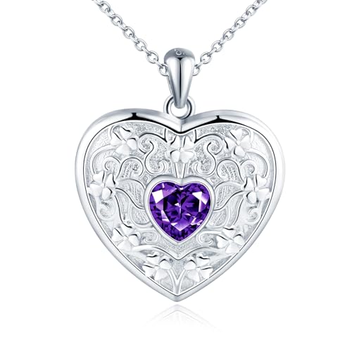 MicLee Heart Locket Necklaces for Women Girl 925 Sterling Silver Memory Lockets Pendants Creative Flower Engraving Photo Necklace with Purple Zircon