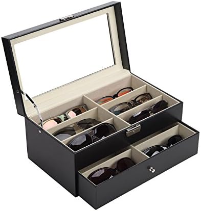 CO-Z Sunglasses Organizer for Women Men, Multiple Eyeglasses Eyewear Display Case, Leather Multi Sunglasses Jewelry Collection Holder with Drawer, Sunglass Glasses Storage Box with 12 Compartments