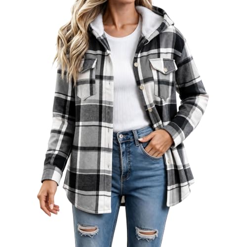 Fleece Jacket Women Plaid Fleece Lined Jackets Hooded Shacket with Pockets - image 5