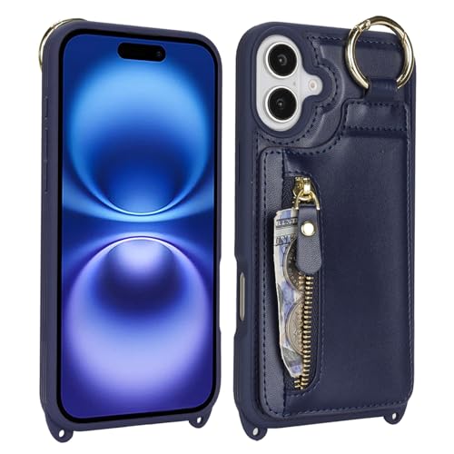 Jaorty Crossbody Wallet Case for iPhone 16 with Strap for Women Men,with Zipper Pocket and Credit Card Holder,Finger Grip Ring,Kickstand Hands-Free Leather Purse Case for iPhone 16,Blue by Jaorty - Image 6