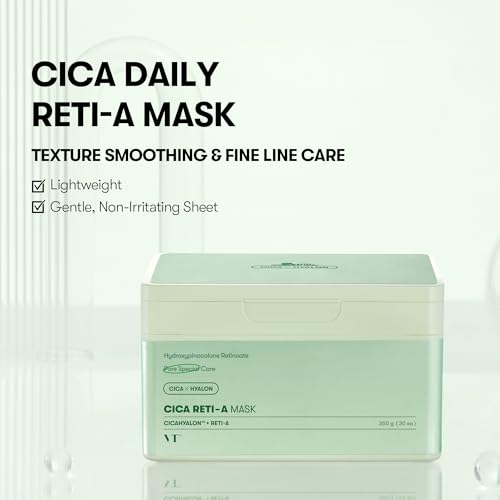 Image of VT COSMETICS CICA Reti-A Daily Mask 30 Sheets, Retinol Complex for Pore Minimizing, Skin Softening & Hydrating Facial Mask, Ideal for Retinol Beginners, Korean Face Mask