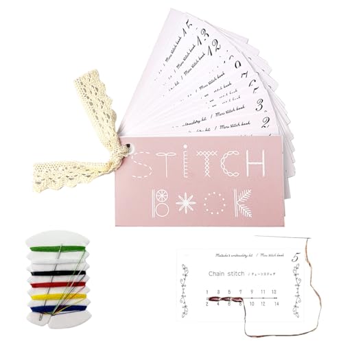 Image of PATPAT Embroidery Stitch Guide Brochure with Needle & Threads Beginners Stitch Skill Guide Book DIY Creative Sewing Practice Cards Set,Portable Mini Sewing Book Craft Kit for Embroidery and