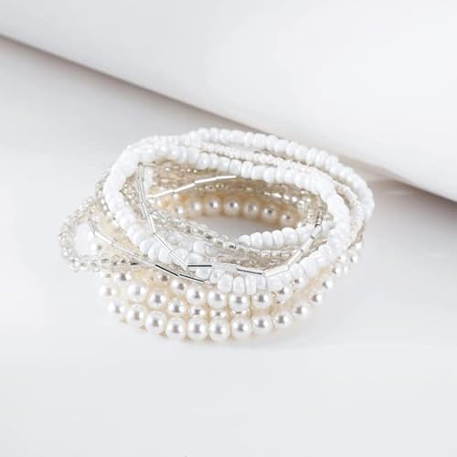 Colorful Bling Women Multilayer Temperament Imitated Pearl Stackable Strand Bracelets Beaded Seed Heart Rhinestone Crystal Stretch Bracelet Wedding Wrist Jewelry-Multi White #TOP2