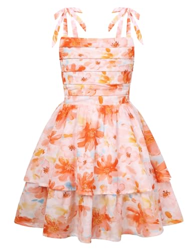 GRACE KARIN Girls Floral Summer Dress Smocked Layered Tie Shoulder Bowknot A Line Swing Dresses Orange 12 Years