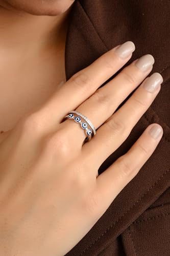Image of American Diamond Evil Eye Open Ring for Women, Adjustable Blue Double Band Ring, Gift for Her