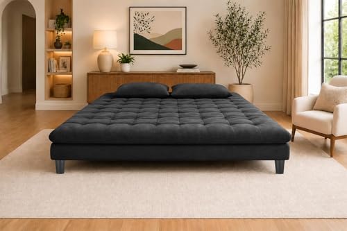 Image of 3 Seater Velvet Sofa Cum Bed, Tufted Convertible Sleeper Couch, Space-Saving Design, Comfortable Cushioned Seating - Black Color