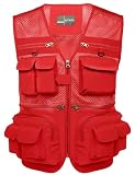 Flygo Men's Fishing Vest Utility Lightweight Outdoor Travel Safari Photo Cargo Vest with 16 pockets mesh Red M