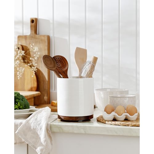Image of Utensil Holder, 360 Rotating Extra Large Ceramic Kitchen Utensil Holder for Countertop, 7.3 inch Cooking Utensil Crocks for Kitchen Counter with Rotatable Wooden Base, Farmhouse Decor, White
