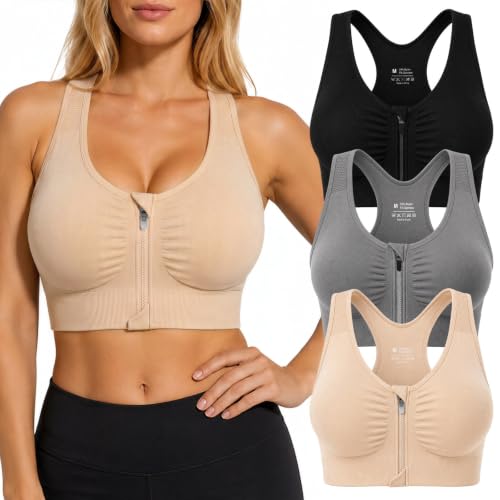 Tmeefee Zip Front Sports Bra for Women, Wireless Supportive Racerback