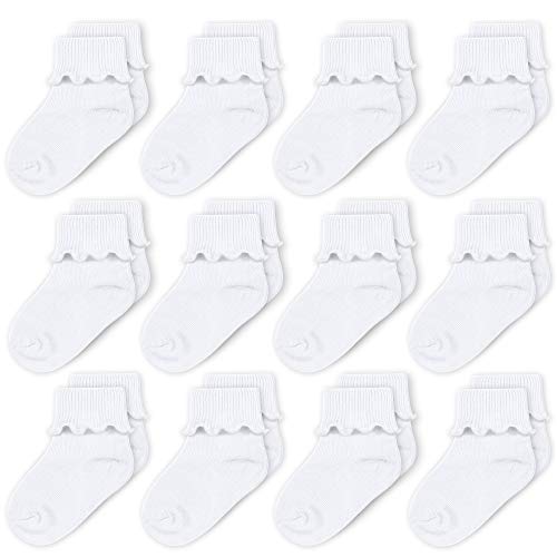CozyWay Baby Girls Socks 12 Pack Ruffle Ripple Edge Turn Cuff Ankle Socks Toddlers Infants 9-24 Months
