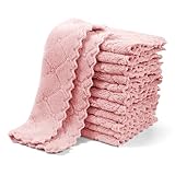 UMANI 12 Pack Kitchen Dish Cloths, Ultra Soft Absorbent Quick Drying Dish Towels, Nonstick Oil Microfiber Cleaning Cloth, Machine Washable Coral Fleece Cleaning Rags (Pink)