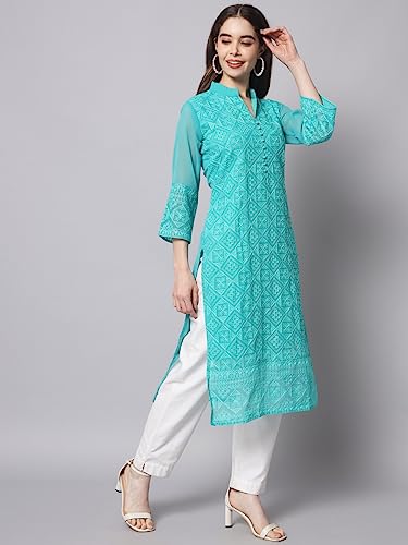 Image of Ekasya Women's Georgette Embroidered Work Kurta with Notch Neck 3 /4 Sleeves Straight Cut Calf Length | E1547