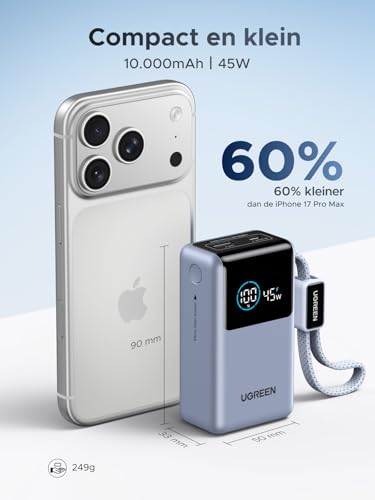 UGREEN 55W Powerbank 10000mAh met geïntegreerde kabel, Mi Turbo Charge voor Xiaomi, 45W PD snelladen Compatibel met iPhone 17, Externe mobiele batterij voor Galaxy S25 Ultra en meer - Afbeelding 3