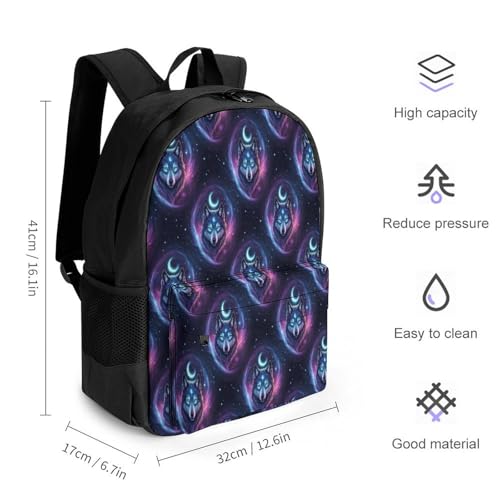 Mens Backpack with Side Pockets, Moon Starry Wolf Comfy Durable Daypack for Outdoor Adventure, Cool Adjustable Shoulder Bag with Front Pocket2