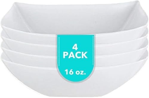 Miniatura 6 de PARTY BARGAINS Cuencos cuadrados de plástico de 16 onzas, paquete de 4, color blanco, resistentes, inastillables, desechables, para ensaladas de