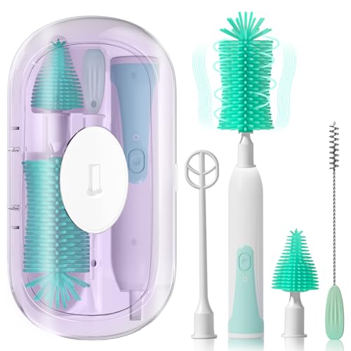 Image of Deekuiwi Electric Baby Bottle Brush Set, Automatic Spinning Bottle Brush, Straw Brush, Milk Frother, Travel Set, for New Moms, Baby Bottle Cleaner (Green)