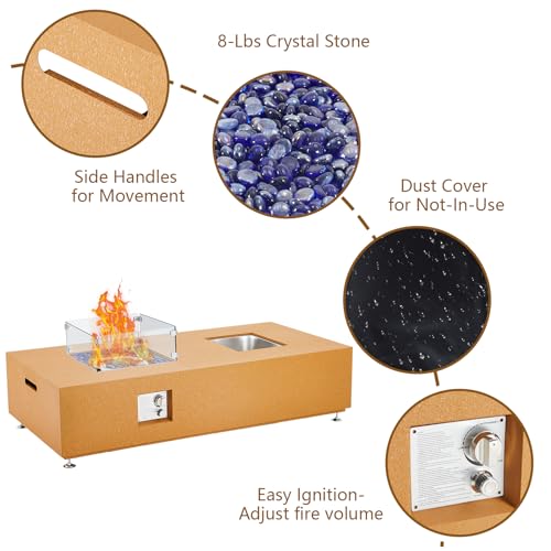56 Inch Outdoor Propane Fire Pit Table,50000BTU Fire Table with 13" Square Drink Ice Bucket Wind Guard, Fire Glass Beads & CSA Safety Certified Outdoor Firepit for Outside Patio Yard Garden, Yellow