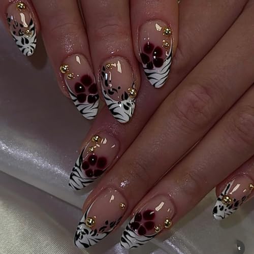 Zebra Print French Tip Press On Nails Medium Almond, Fake Nails with Floral & Gold Bead Accents, Reusable Artificial Nails Glossy Finish Glue On Nails Set for Women,12Sizes-24 Nail Kit