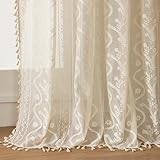 WAZZIO Boho Lace Curtains 2 Panels 84 Inches Long-Cute Vintage Victorian Sheer Panels with French Country Flower Pattern & Tassel Light Filtering Privacy for Bedroom Dining Living Room,Beige
