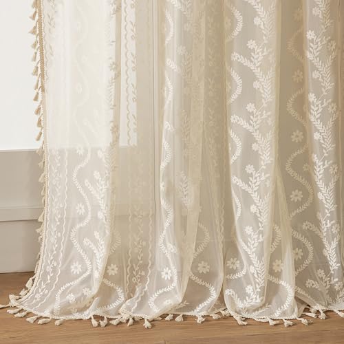 WAZZIO Boho Lace Curtains 2 Panels 84 Inches Long-Cute Vintage Victorian Sheer Panels with French Country Flower Pattern & Tassel Light Filtering Privacy for Bedroom Dining Living Room Beige
