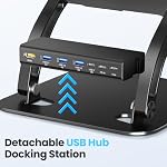 Tounee Support pour ordinateur portable avec amovible USB-C Le centre, 100W PD Chargement, 4K@60Hz HDMI, USB-A & USB-C 3.0 Ports, Port hôte, Porte ordinateur portable ergonomique en aluminium pour ordinateurs portables de 10 à 17 pouces, MacBook & Plus (Noir)
