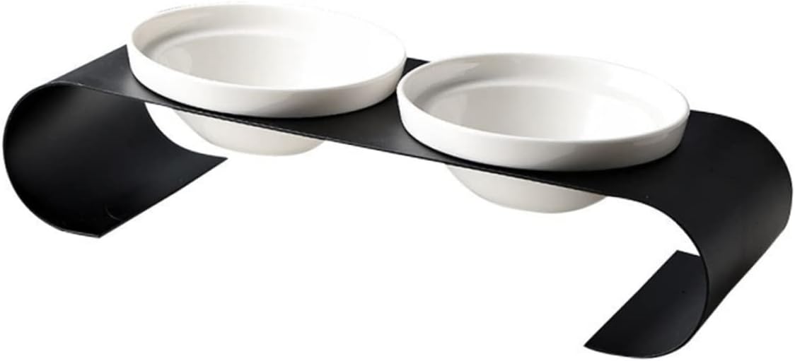 POPETPOP 1Pc Elevated Cat Feeding Bowl with Iron Rack Black White Ceramic Pet Feeder for Cats and Pets Durable Convenient Design for Food and Water Storage