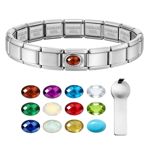 GEMOSA Birthstone Italian Charm Bracelet - 18 Links 9mm x 10mm Stainless Steel Base with January Birthstone Garnet Charm & Link Opener Tool, Polished Silver Finish Jewelry Gift Box Set for Women