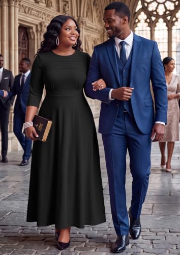 Image of FANDEE Fit-and-Flare Maxi Dress Round Neck Pleated Front Side Pockets | Front pleats soft flatter your bust shape; Empire Waist lengthen your figure; 3 /4 sleeves round neck suit for many occasions
